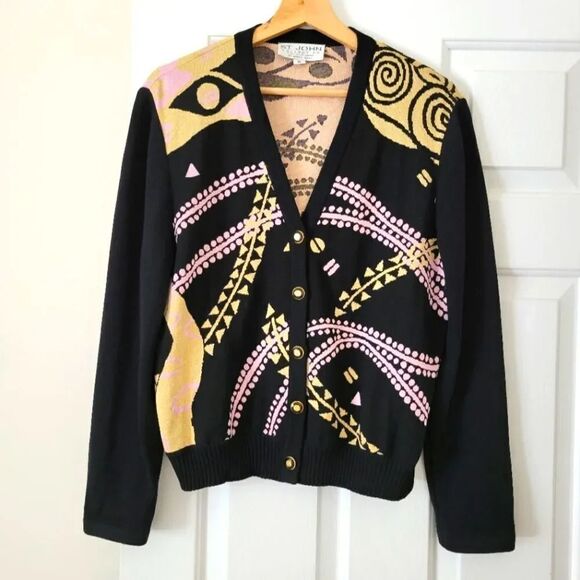 St John Collec Black Santana Knit Cardigan Metallic Gold/Bubblegum Pink Swirls - Picture 1 of 9